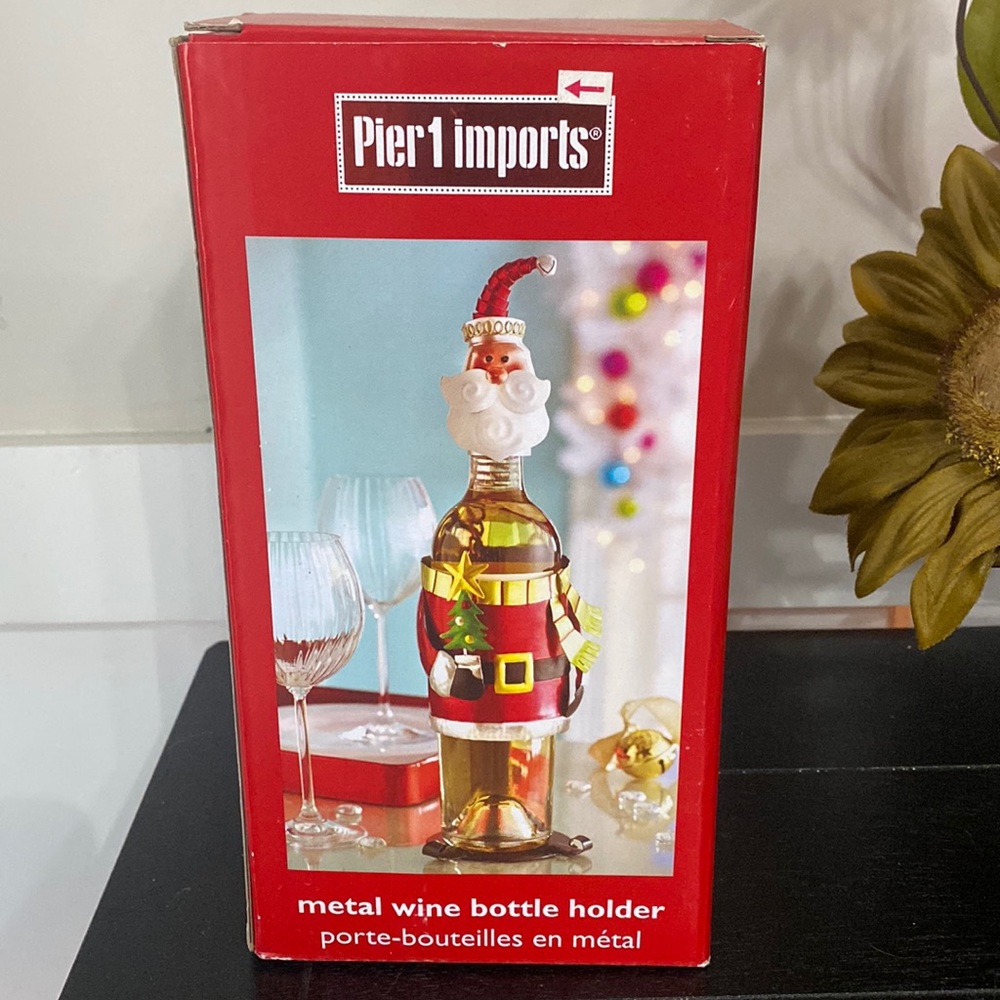 New Pier 1 Metal Santa Wine Bottle Holder Caddy Figurine Holding Tree